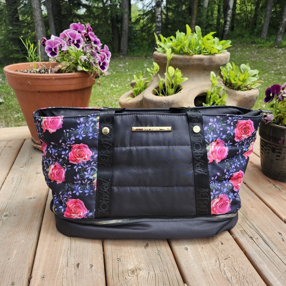 Black Floral Quilted Tote Bag with Pink Rose Accents